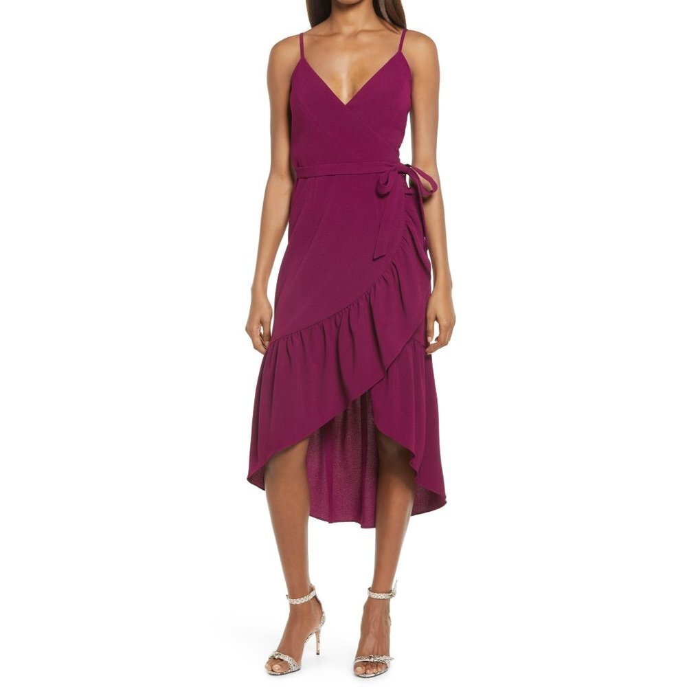 Dress the Population Delphine Wrap Hi Low Flounce Dress Size S